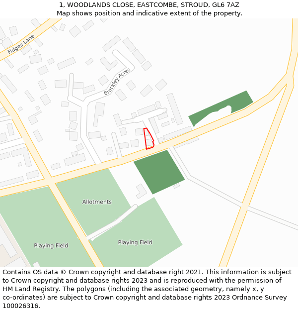 1, WOODLANDS CLOSE, EASTCOMBE, STROUD, GL6 7AZ: Location map and indicative extent of plot