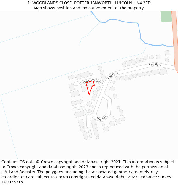 1, WOODLANDS CLOSE, POTTERHANWORTH, LINCOLN, LN4 2ED: Location map and indicative extent of plot
