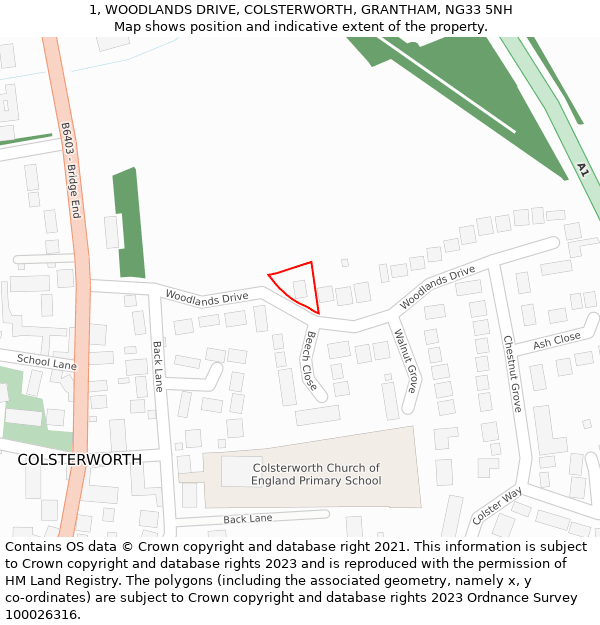 1, WOODLANDS DRIVE, COLSTERWORTH, GRANTHAM, NG33 5NH: Location map and indicative extent of plot