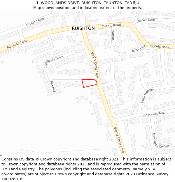 1, WOODLANDS DRIVE, RUISHTON, TAUNTON, TA3 5JU: Location map and indicative extent of plot