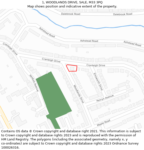 1, WOODLANDS DRIVE, SALE, M33 3PQ: Location map and indicative extent of plot