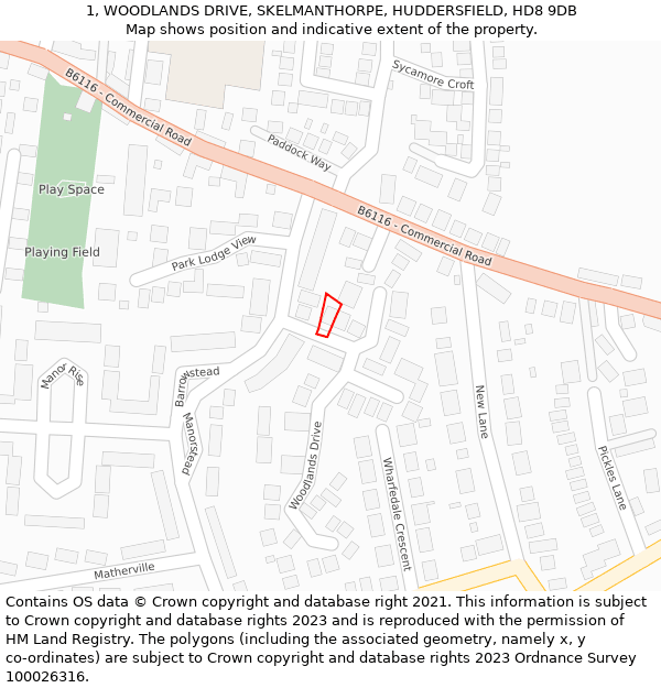 1, WOODLANDS DRIVE, SKELMANTHORPE, HUDDERSFIELD, HD8 9DB: Location map and indicative extent of plot