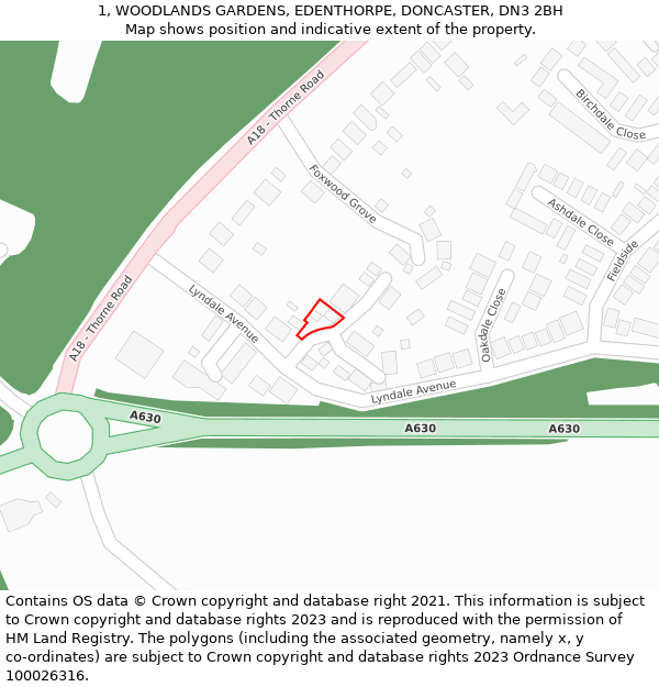 1, WOODLANDS GARDENS, EDENTHORPE, DONCASTER, DN3 2BH: Location map and indicative extent of plot