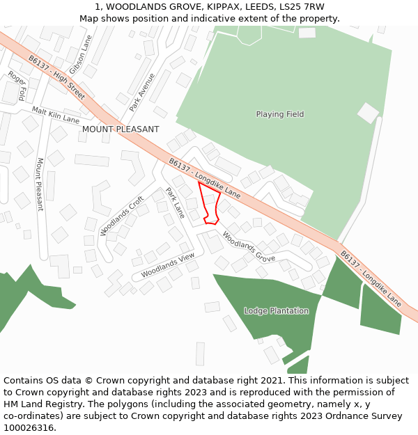 1, WOODLANDS GROVE, KIPPAX, LEEDS, LS25 7RW: Location map and indicative extent of plot