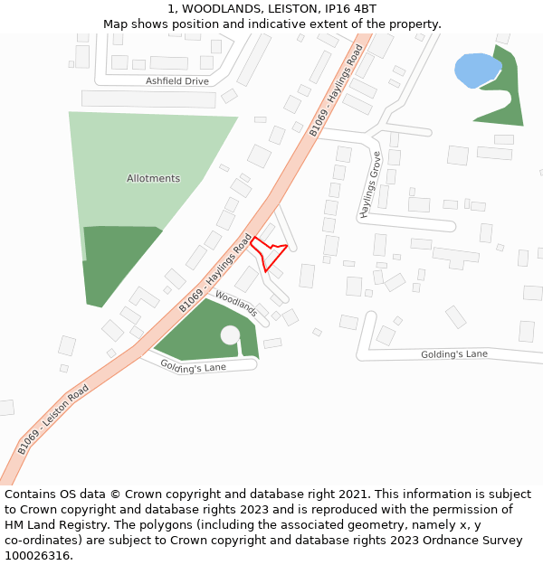 1, WOODLANDS, LEISTON, IP16 4BT: Location map and indicative extent of plot