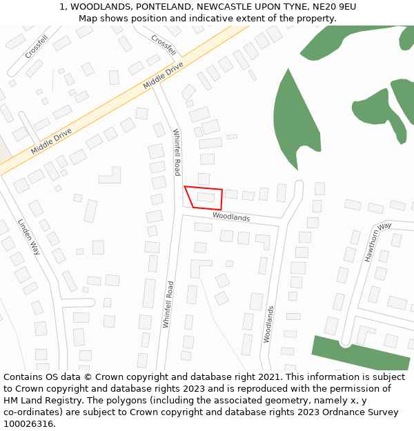 1, WOODLANDS, PONTELAND, NEWCASTLE UPON TYNE, NE20 9EU: Location map and indicative extent of plot