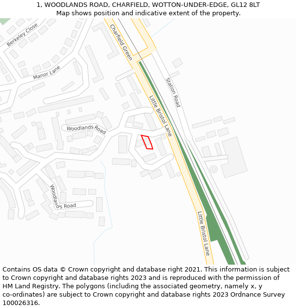 1, WOODLANDS ROAD, CHARFIELD, WOTTON-UNDER-EDGE, GL12 8LT: Location map and indicative extent of plot