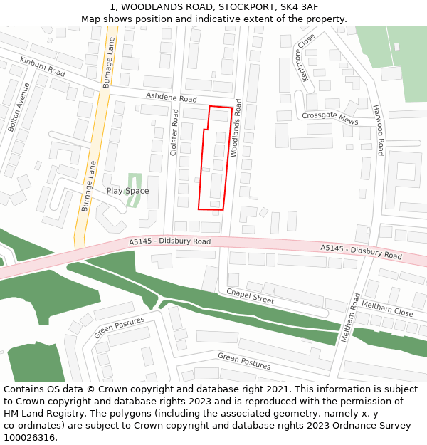 1, WOODLANDS ROAD, STOCKPORT, SK4 3AF: Location map and indicative extent of plot