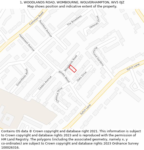 1, WOODLANDS ROAD, WOMBOURNE, WOLVERHAMPTON, WV5 0JZ: Location map and indicative extent of plot