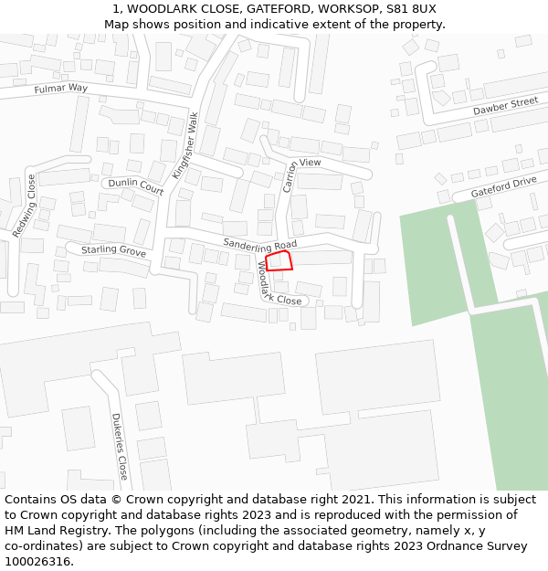 1, WOODLARK CLOSE, GATEFORD, WORKSOP, S81 8UX: Location map and indicative extent of plot