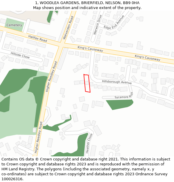 1, WOODLEA GARDENS, BRIERFIELD, NELSON, BB9 0HA: Location map and indicative extent of plot