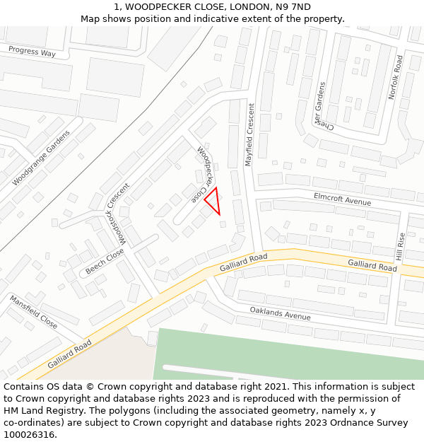 1, WOODPECKER CLOSE, LONDON, N9 7ND: Location map and indicative extent of plot