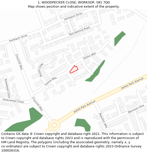 1, WOODPECKER CLOSE, WORKSOP, S81 7QG: Location map and indicative extent of plot