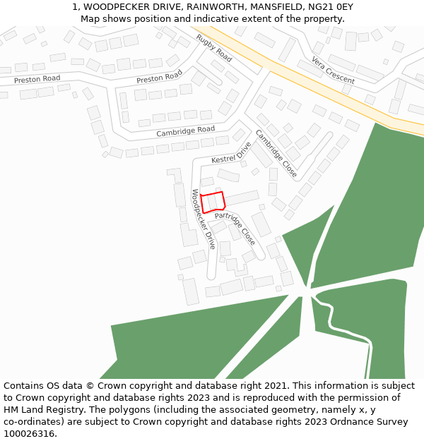 1, WOODPECKER DRIVE, RAINWORTH, MANSFIELD, NG21 0EY: Location map and indicative extent of plot