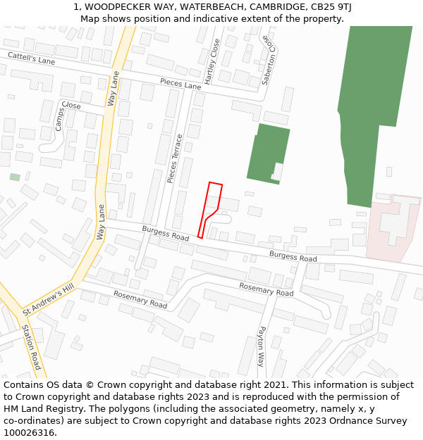 1, WOODPECKER WAY, WATERBEACH, CAMBRIDGE, CB25 9TJ: Location map and indicative extent of plot