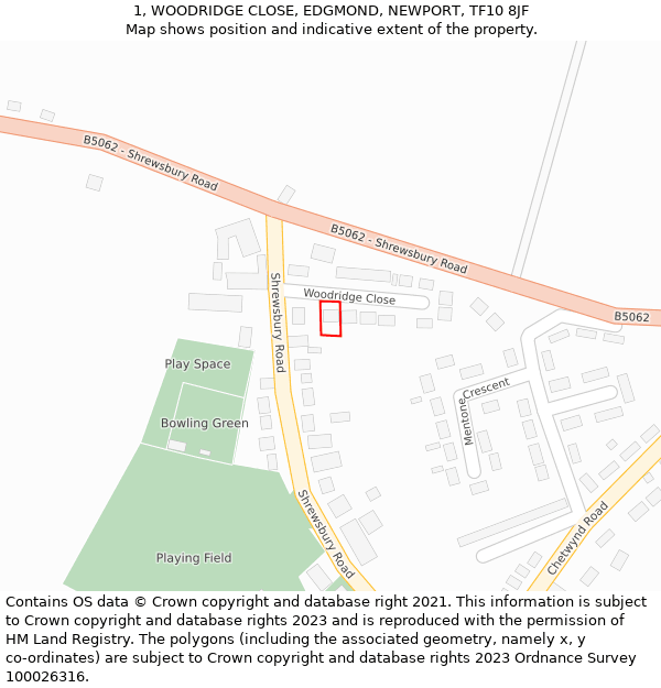 1, WOODRIDGE CLOSE, EDGMOND, NEWPORT, TF10 8JF: Location map and indicative extent of plot