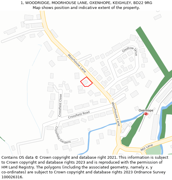 1, WOODRIDGE, MOORHOUSE LANE, OXENHOPE, KEIGHLEY, BD22 9RG: Location map and indicative extent of plot