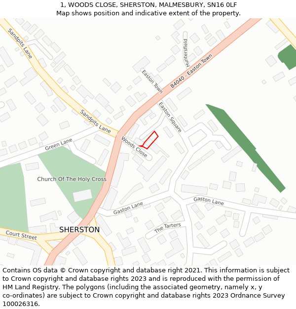 1, WOODS CLOSE, SHERSTON, MALMESBURY, SN16 0LF: Location map and indicative extent of plot