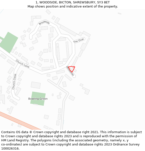 1, WOODSIDE, BICTON, SHREWSBURY, SY3 8ET: Location map and indicative extent of plot