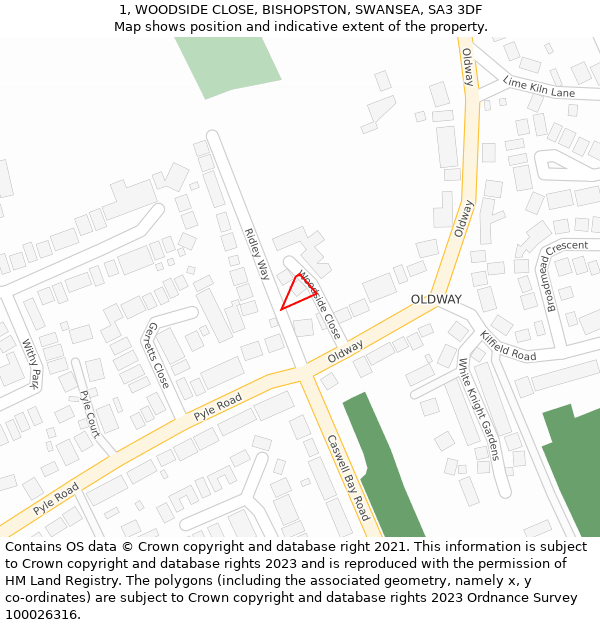 1, WOODSIDE CLOSE, BISHOPSTON, SWANSEA, SA3 3DF: Location map and indicative extent of plot