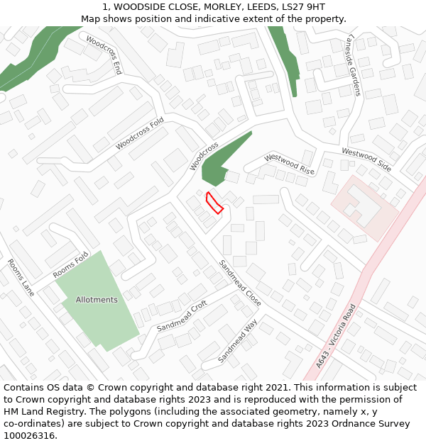 1, WOODSIDE CLOSE, MORLEY, LEEDS, LS27 9HT: Location map and indicative extent of plot