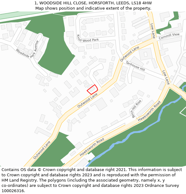 1, WOODSIDE HILL CLOSE, HORSFORTH, LEEDS, LS18 4HW: Location map and indicative extent of plot