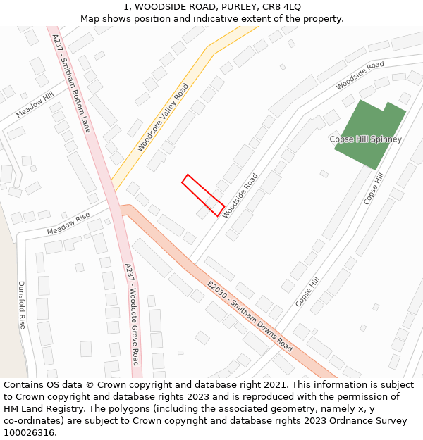 1, WOODSIDE ROAD, PURLEY, CR8 4LQ: Location map and indicative extent of plot