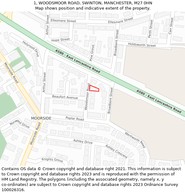 1, WOODSMOOR ROAD, SWINTON, MANCHESTER, M27 0HN: Location map and indicative extent of plot