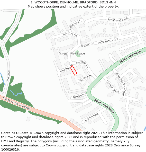 1, WOODTHORPE, DENHOLME, BRADFORD, BD13 4NN: Location map and indicative extent of plot