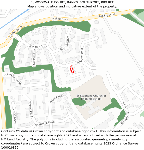 1, WOODVALE COURT, BANKS, SOUTHPORT, PR9 8FT: Location map and indicative extent of plot