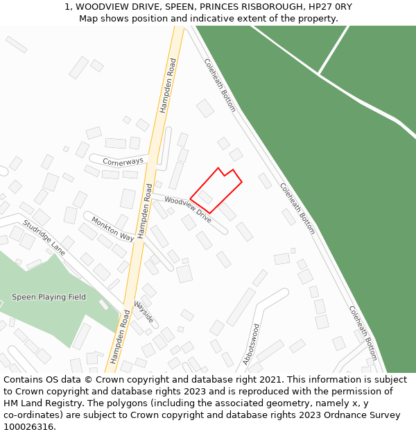 1, WOODVIEW DRIVE, SPEEN, PRINCES RISBOROUGH, HP27 0RY: Location map and indicative extent of plot