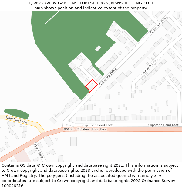 1, WOODVIEW GARDENS, FOREST TOWN, MANSFIELD, NG19 0JL: Location map and indicative extent of plot