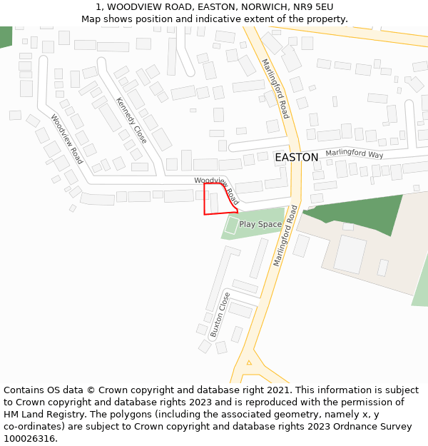 1, WOODVIEW ROAD, EASTON, NORWICH, NR9 5EU: Location map and indicative extent of plot