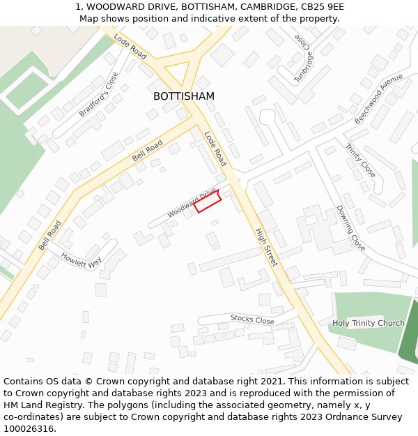 1, WOODWARD DRIVE, BOTTISHAM, CAMBRIDGE, CB25 9EE: Location map and indicative extent of plot