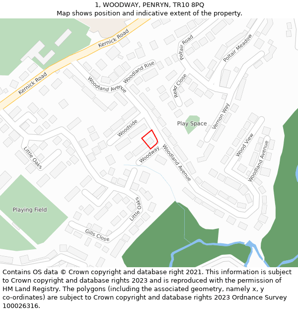 1, WOODWAY, PENRYN, TR10 8PQ: Location map and indicative extent of plot