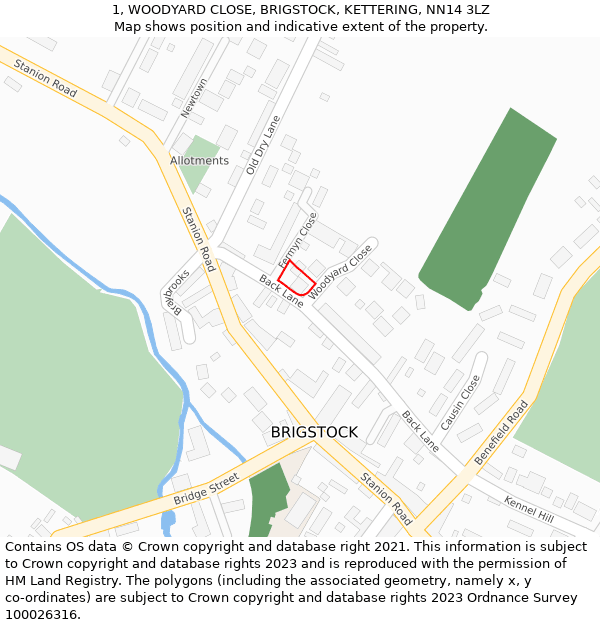 1, WOODYARD CLOSE, BRIGSTOCK, KETTERING, NN14 3LZ: Location map and indicative extent of plot