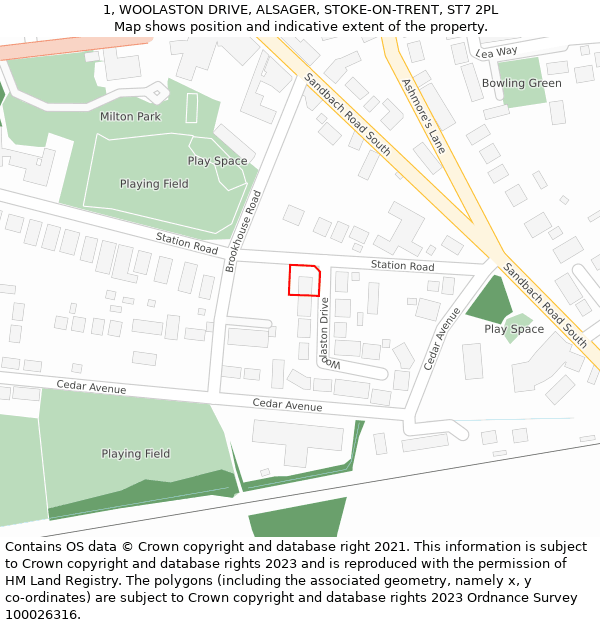 1, WOOLASTON DRIVE, ALSAGER, STOKE-ON-TRENT, ST7 2PL: Location map and indicative extent of plot