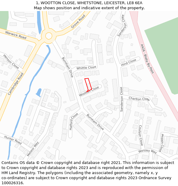 1, WOOTTON CLOSE, WHETSTONE, LEICESTER, LE8 6EA: Location map and indicative extent of plot