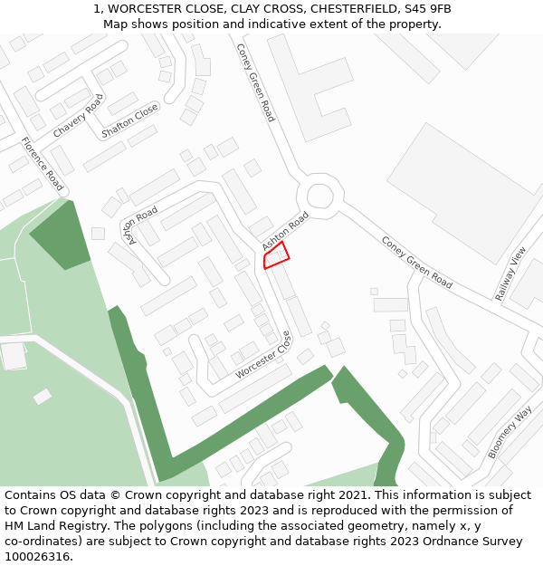 1, WORCESTER CLOSE, CLAY CROSS, CHESTERFIELD, S45 9FB: Location map and indicative extent of plot