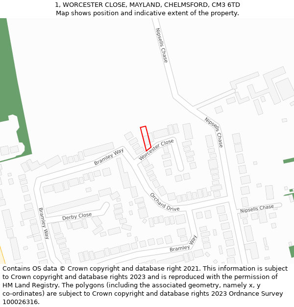 1, WORCESTER CLOSE, MAYLAND, CHELMSFORD, CM3 6TD: Location map and indicative extent of plot