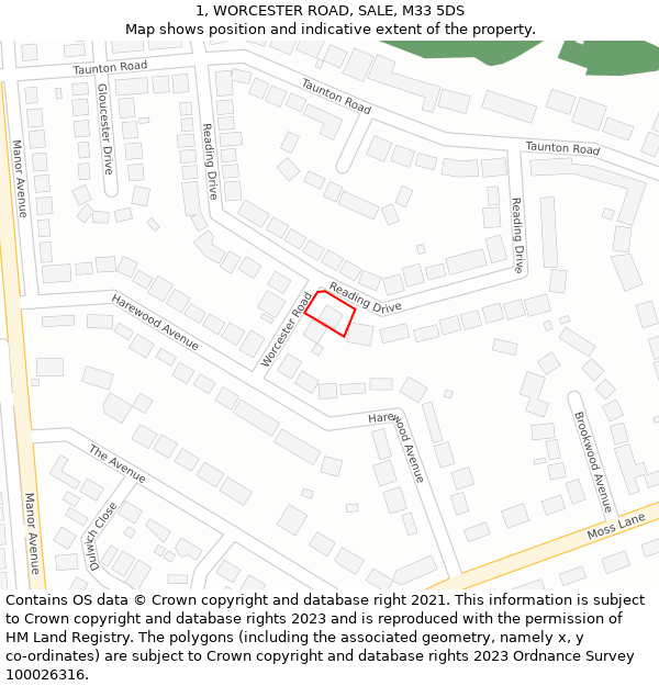 1, WORCESTER ROAD, SALE, M33 5DS: Location map and indicative extent of plot