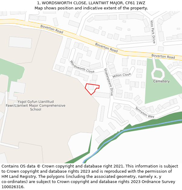 1, WORDSWORTH CLOSE, LLANTWIT MAJOR, CF61 1WZ: Location map and indicative extent of plot