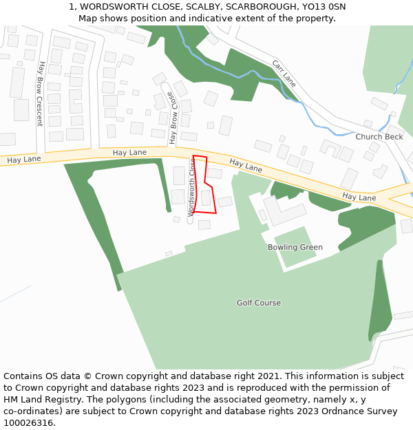 1, WORDSWORTH CLOSE, SCALBY, SCARBOROUGH, YO13 0SN: Location map and indicative extent of plot
