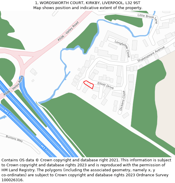 1, WORDSWORTH COURT, KIRKBY, LIVERPOOL, L32 9ST: Location map and indicative extent of plot