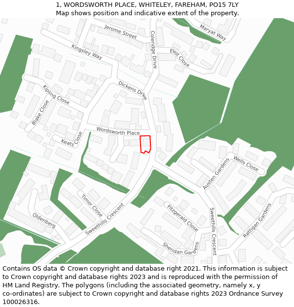 1, WORDSWORTH PLACE, WHITELEY, FAREHAM, PO15 7LY: Location map and indicative extent of plot