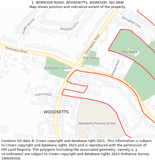 1, WORKSOP ROAD, WOODSETTS, WORKSOP, S81 8RW: Location map and indicative extent of plot