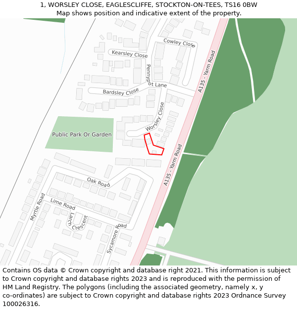 1, WORSLEY CLOSE, EAGLESCLIFFE, STOCKTON-ON-TEES, TS16 0BW: Location map and indicative extent of plot