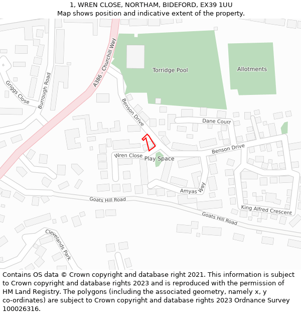 1, WREN CLOSE, NORTHAM, BIDEFORD, EX39 1UU: Location map and indicative extent of plot