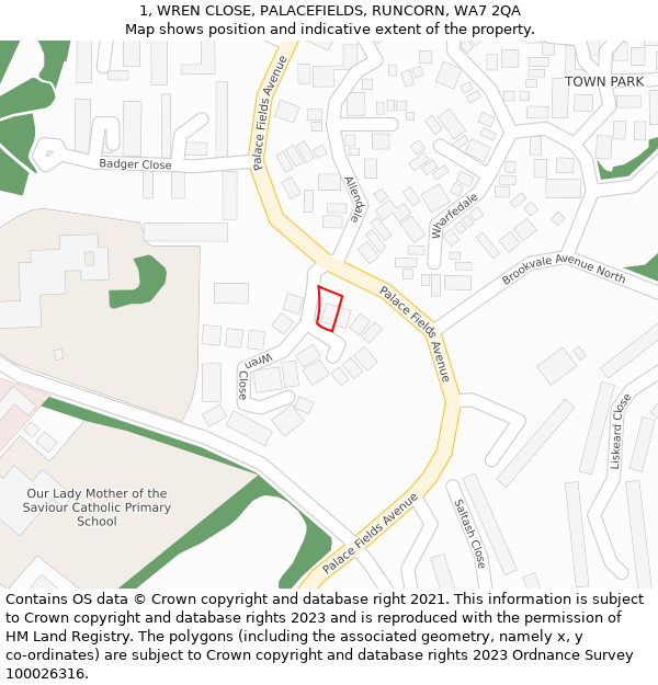 1, WREN CLOSE, PALACEFIELDS, RUNCORN, WA7 2QA: Location map and indicative extent of plot