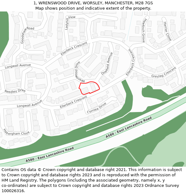 1, WRENSWOOD DRIVE, WORSLEY, MANCHESTER, M28 7GS: Location map and indicative extent of plot